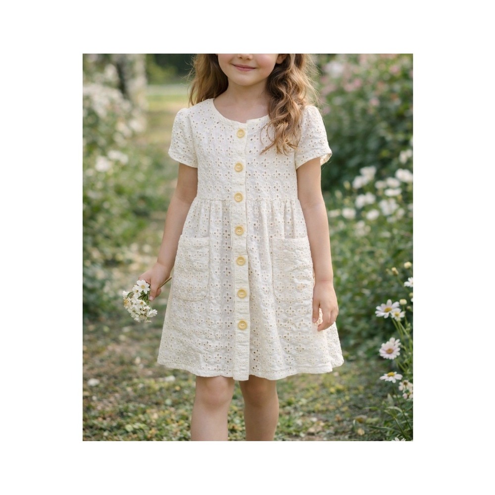 ZARA Kids White Cotton Button Front Eyelet Dress Size 6 Cottagecore Summer